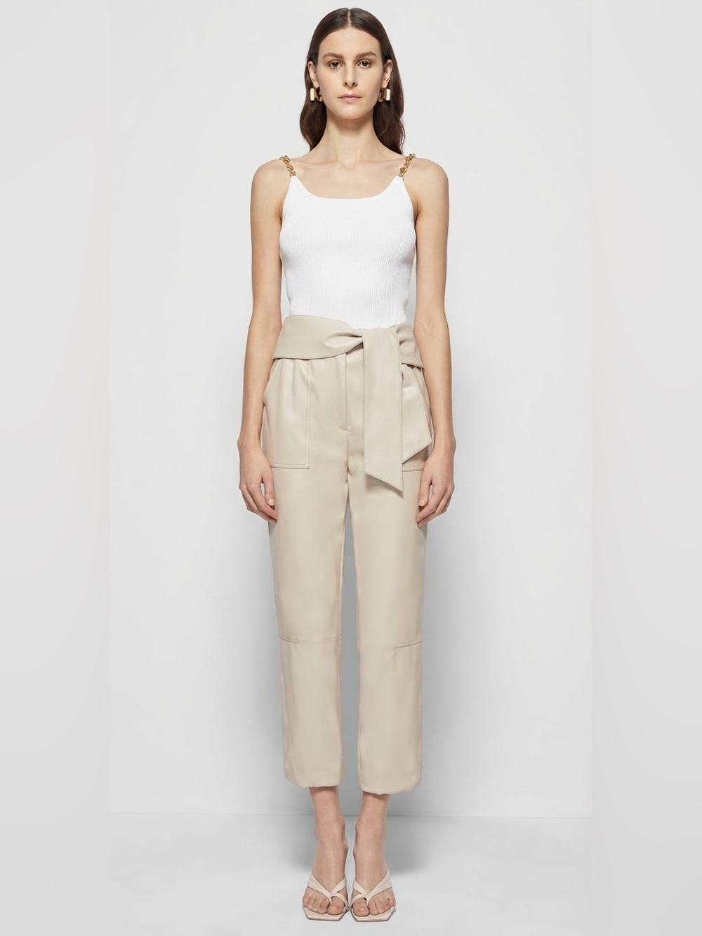 Jonathan Simkhai Tessa Vegan Faux Leather Tie Waist Cropped Pants Ivory/Cream 4